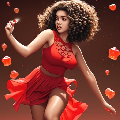  A short brown woman with curly hair running from a red gummy bear holding a knife