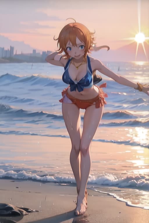  Nami from one piece twerking in the rain on a beach, full body