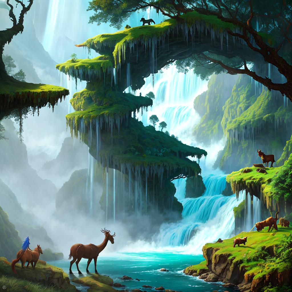  in a fantasy setting, Paint a surreal landscape where mythical beasts roam amidst cascading waterfalls.