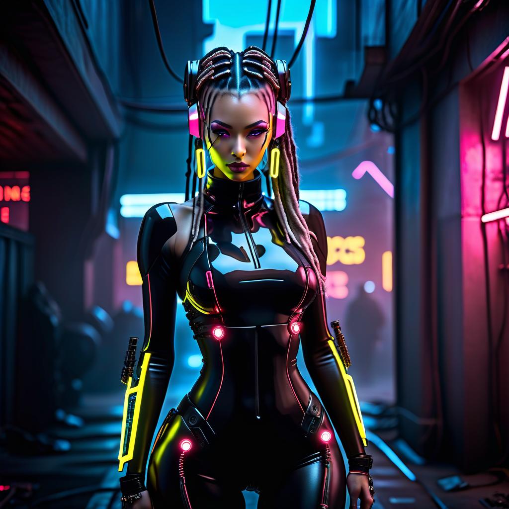  cyberpunk game style A cyborg girl with black wires like dreadlocks on her head, her whole body in cybernetic implants. . neon, dystopian, futuristic, digital, vibrant, detailed, high contrast, reminiscent of cyberpunk genre video games hyperrealistic, full body, detailed clothing, highly detailed, cinematic lighting, stunningly beautiful, intricate, sharp focus, f/1. 8, 85mm, (centered image composition), (professionally color graded), ((bright soft diffused light)), volumetric fog, trending on instagram, trending on tumblr, HDR 4K, 8K