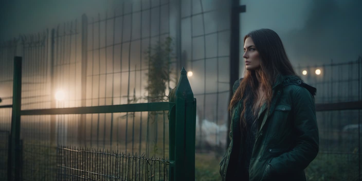  A girl with long hair and green eyes stands behind the fence, a man sits on the couch. hyperrealistic, full body, detailed clothing, highly detailed, cinematic lighting, stunningly beautiful, intricate, sharp focus, f/1. 8, 85mm, (centered image composition), (professionally color graded), ((bright soft diffused light)), volumetric fog, trending on instagram, trending on tumblr, HDR 4K, 8K