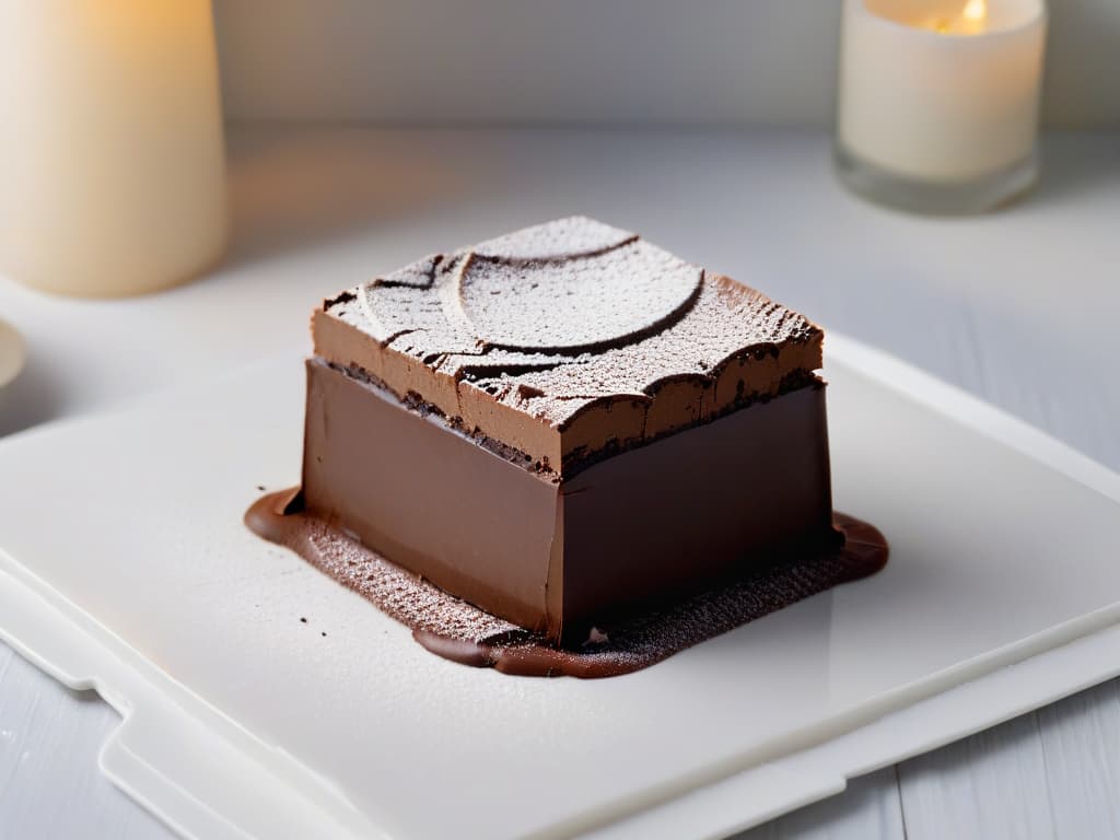  An ultradetailed, highresolution image of a decadent slice of chocolate fudge resting on a sleek, minimalist white plate. The fudge is glossy, with visible swirls of rich chocolate, and adorned with a delicate dusting of cocoa powder. The plate sits on a polished marble countertop, with soft, natural lighting casting a gentle shadow, emphasizing the smooth texture and indulgent nature of the fudge. This image captures the essence of the article's focus on intense, creamy chocolate fudge in a visually striking and elegant manner. hyperrealistic, full body, detailed clothing, highly detailed, cinematic lighting, stunningly beautiful, intricate, sharp focus, f/1. 8, 85mm, (centered image composition), (professionally color graded), ((bright soft diffused light)), volumetric fog, trending on instagram, trending on tumblr, HDR 4K, 8K