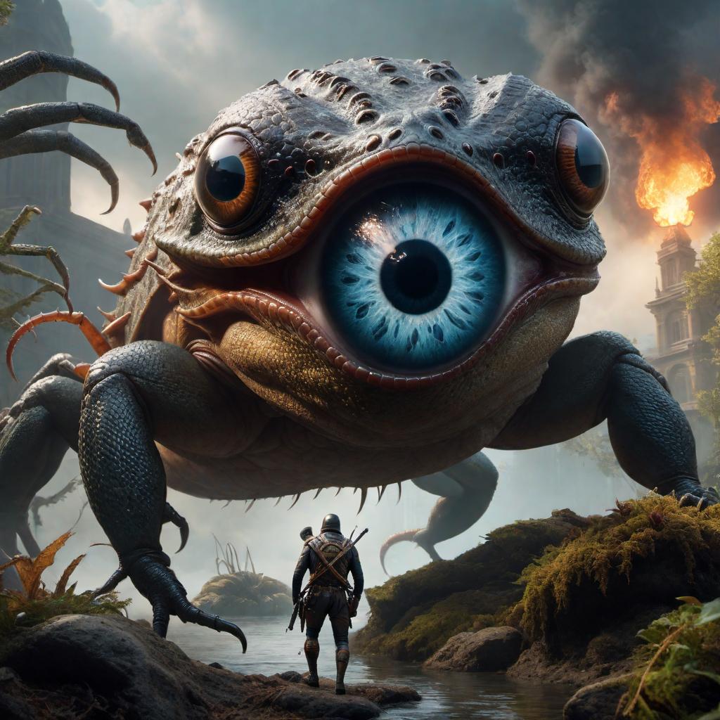  A giant eyeball with spider legs coming out of it fighting a giant salamander in a dramatic fantasy setting. hyperrealistic, full body, detailed clothing, highly detailed, cinematic lighting, stunningly beautiful, intricate, sharp focus, f/1. 8, 85mm, (centered image composition), (professionally color graded), ((bright soft diffused light)), volumetric fog, trending on instagram, trending on tumblr, HDR 4K, 8K