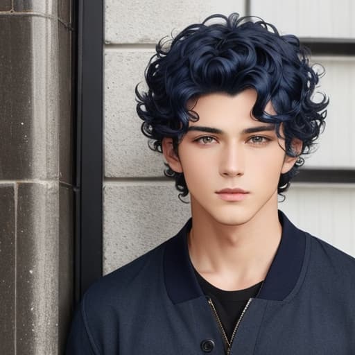  Neutral, cool, beautiful, cool, navy blue hair, hair with outside curls, medium hair, male, cute.