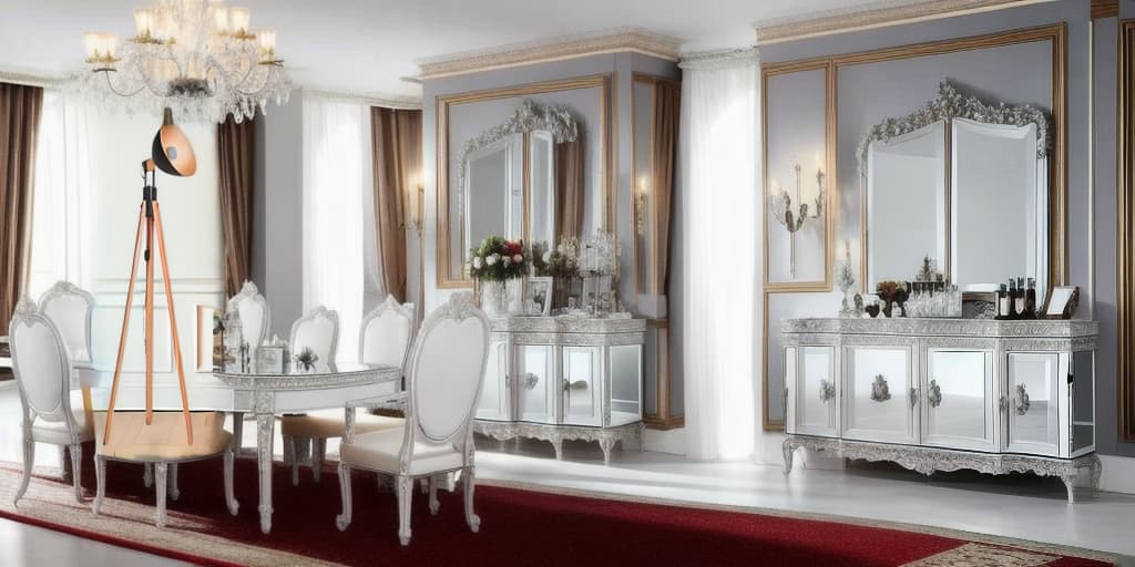  create a Hall in the classic style, (((sideboard))), (((mirror))), (((cabinet))), (((pictures))), light white and silver, porcelain, clear colors, accurate and detailed, elegant white elements, rococo interiors, in the style of luxurious elements