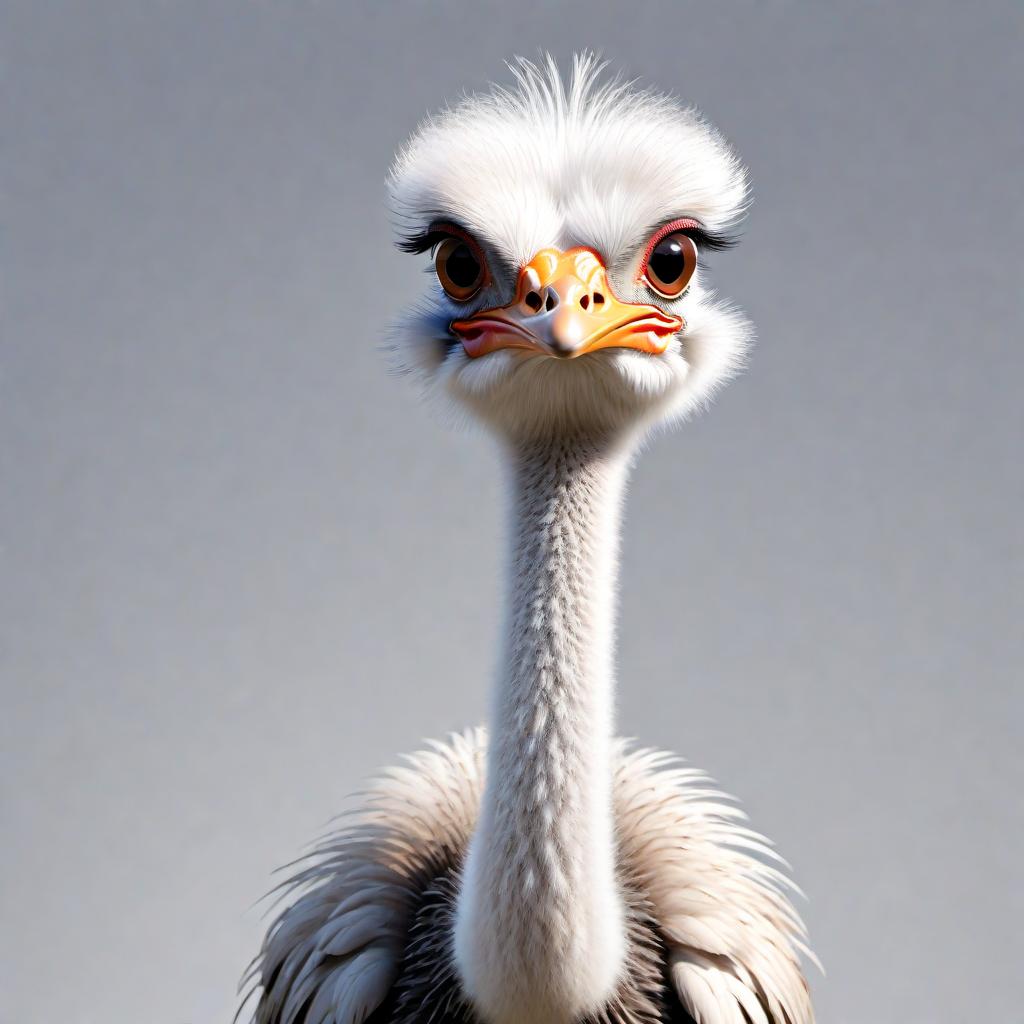  Generate a stunning and detailed illustration of a female human-like looking tall ostrich. This anthropomorphic character should have white hair that is luxuriously full and fluffy on the head, extending to the face and body. The hair on the head is particularly voluminous and fluffy, with straight strands of hair hanging neatly on both sides of the fluffy mane. Her eyes are to be slanted, large, and captivating with a striking yellow color. The beak should also be yellow, matching her eyes. The face features subtle yellow highlights that blend seamlessly with her white hair, adding a radiant touch to her features. Her look is adorned with square crystal clear gems that are placed thoughtfully on the fluffy hair, face, and neck, sparkling hyperrealistic, full body, detailed clothing, highly detailed, cinematic lighting, stunningly beautiful, intricate, sharp focus, f/1. 8, 85mm, (centered image composition), (professionally color graded), ((bright soft diffused light)), volumetric fog, trending on instagram, trending on tumblr, HDR 4K, 8K