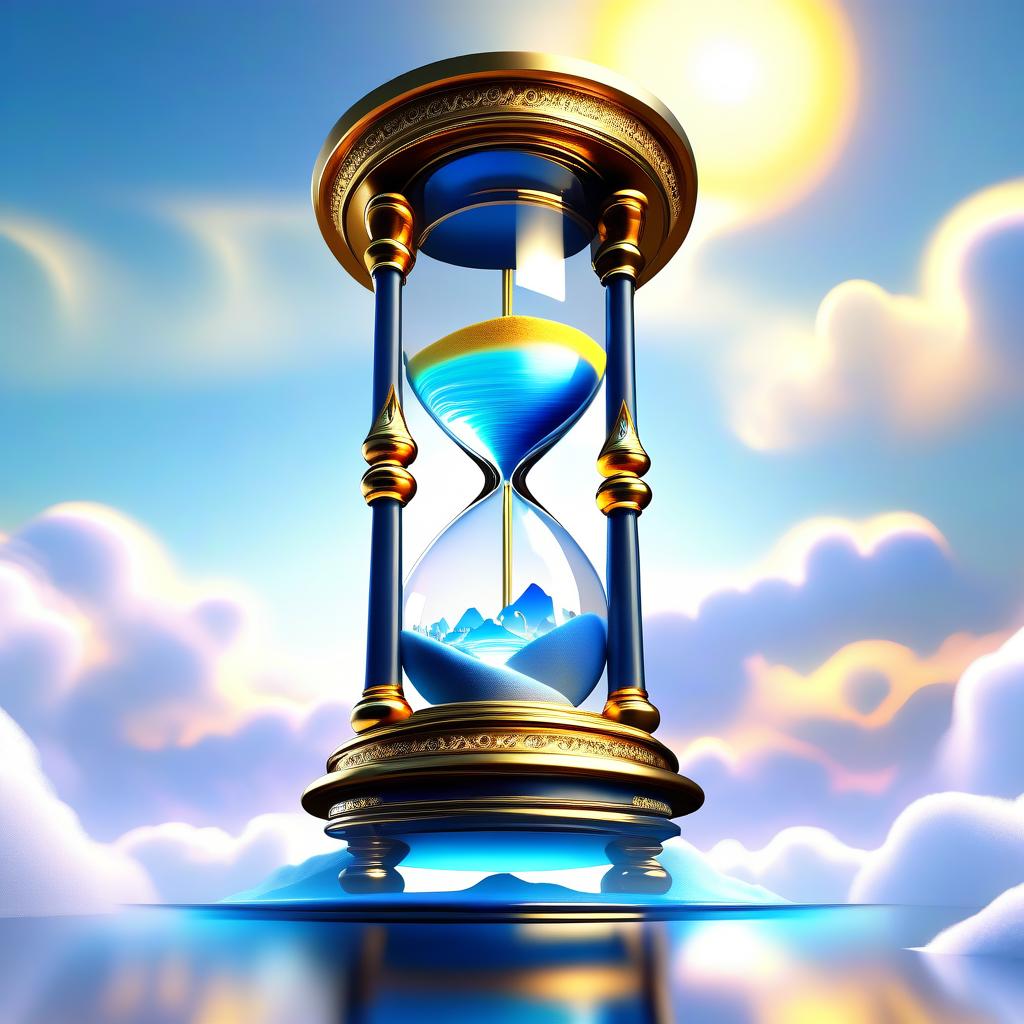  ethereal fantasy concept art of (Fancy hourglass). clock design: wooden carved case lacquered. Bowls of transparent glass. Inside the top bowl of the clock the rising sun is displayed. Around the sun is a blue sky and white, golden pink clouds. (Inside the lower bowl of the clock): night, dark blue sky with a bright yellow month with a silvery cast. Beneath the sky are mountains covered with blue white snow, shimmering with different colours of the rainbow. Background: gradient: in the lower part of the background the structure of sand. In the upper part of the background perispherical clouds in the blue sky. Style: romantic fantasy. . magnificent, celestial, ethereal, painterly, epic, majestic, magical, fantasy art, cover art, dreamy hyperrealistic, full body, detailed clothing, highly detailed, cinematic lighting, stunningly beautiful, intricate, sharp focus, f/1. 8, 85mm, (centered image composition), (professionally color graded), ((bright soft diffused light)), volumetric fog, trending on instagram, trending on tumblr, HDR 4K, 8K