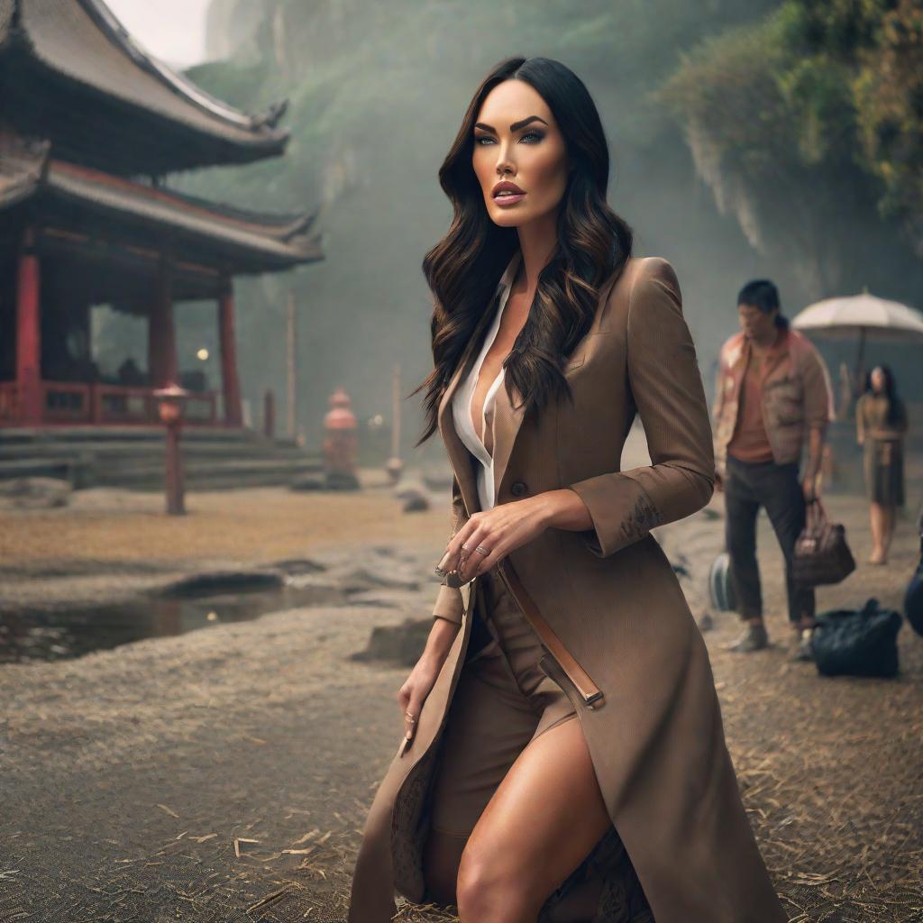  megan fox and asian girl, hyperrealistic, full body, detailed clothing, highly detailed, cinematic lighting, stunningly beautiful, intricate, sharp focus, f/1. 8, 85mm, (centered image composition), (professionally color graded), ((bright soft diffused light)), volumetric fog, trending on instagram, trending on tumblr, HDR 4K, 8K