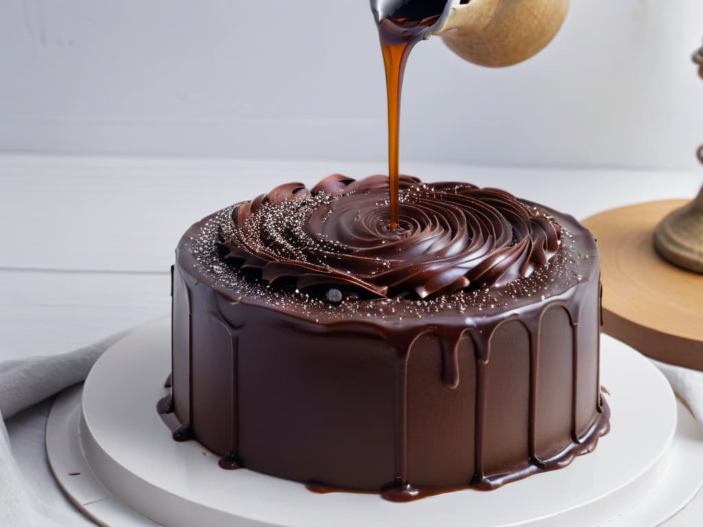  A minimalist image of a rich, dark chocolate ganache being poured over a decadent, glossy chocolate cake. The ganache cascades smoothly over the cake, creating a mesmerizing swirl pattern, with tiny droplets of chocolate suspended in midair. The dark, velvety texture of the ganache contrasts beautifully with the sleek, shiny surface of the cake, highlighting the intense flavors and indulgent nature of the dessert. The monochromatic color scheme enhances the luxurious feel of the image, with subtle variations in shading adding depth and dimension to the composition. hyperrealistic, full body, detailed clothing, highly detailed, cinematic lighting, stunningly beautiful, intricate, sharp focus, f/1. 8, 85mm, (centered image composition), (professionally color graded), ((bright soft diffused light)), volumetric fog, trending on instagram, trending on tumblr, HDR 4K, 8K