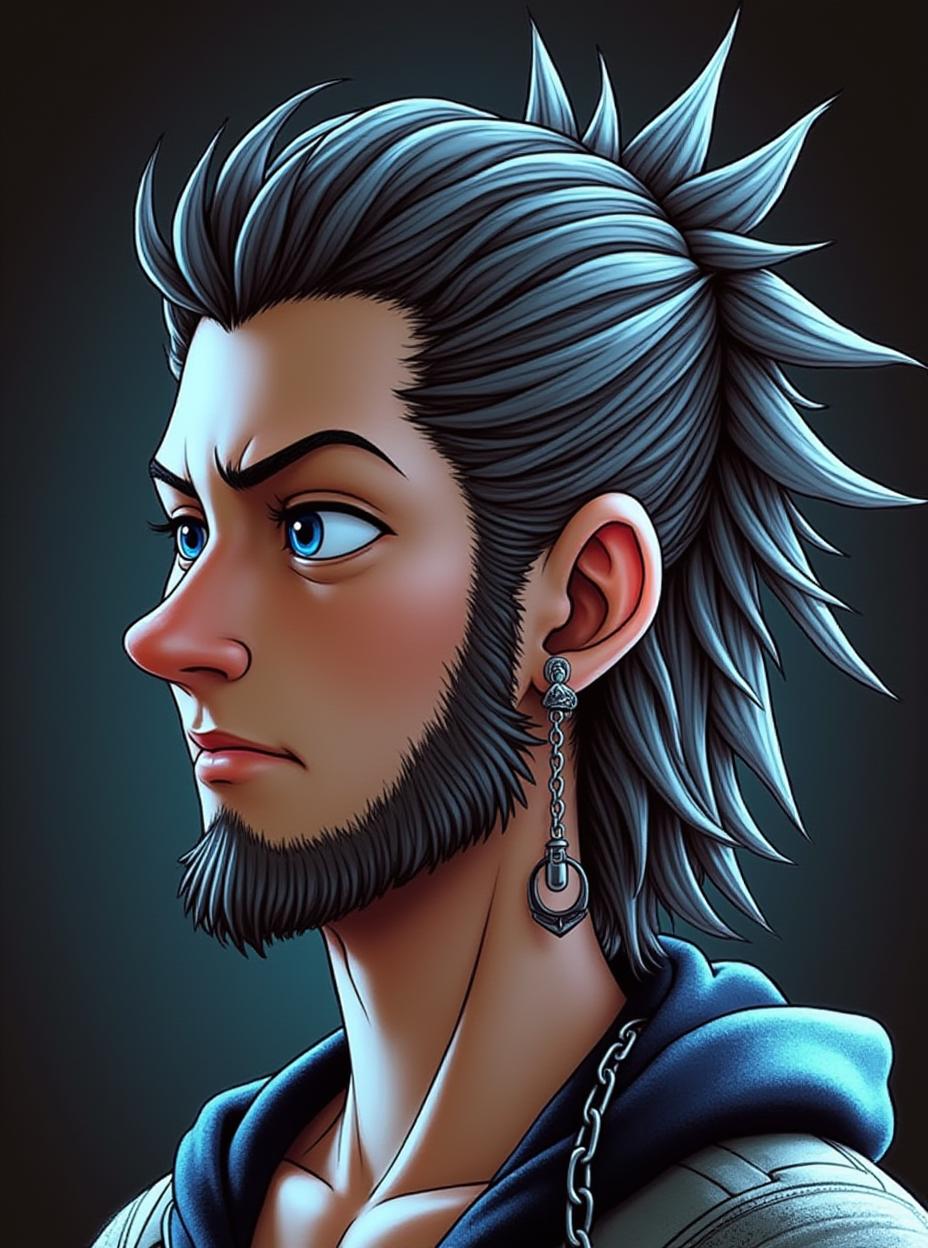  good quality, high quality, recreate this image using kingdom hearts very unique art style featuring dark clean lines, vivid colors and fades, with modern clothing with fantasy elements. make sure to retain the chin hair and use as much art style inspiration from kingdom hearts as possible