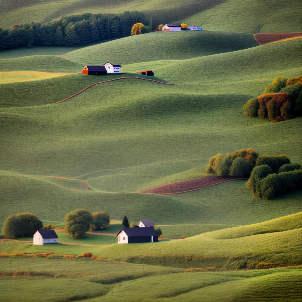 woolitize Rolling hills, rustic barns, and quiet fields hyperrealistic, full body, detailed clothing, highly detailed, cinematic lighting, stunningly beautiful, intricate, sharp focus, f/1.8, 85mm, (centered image composition), (professionally color graded), ((bright soft diffused light)), volumetric fog, trending on Instagram, trending on Tumblr, HDR 4K, 8K