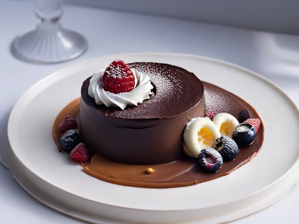  A closeup, ultradetailed photograph of a single, exquisite dessert placed on a sleek, matte black plate. The dessert is a symphony of minimalist elegance, featuring delicate layers of smooth, glossy ganache, a perfectly piped swirl of creamy chantilly, and a single, glistening raspberry atop it all. The lighting is soft but highlights the impeccable craftsmanship and artful presentation of the dessert, showcasing its simple yet sophisticated beauty. hyperrealistic, full body, detailed clothing, highly detailed, cinematic lighting, stunningly beautiful, intricate, sharp focus, f/1. 8, 85mm, (centered image composition), (professionally color graded), ((bright soft diffused light)), volumetric fog, trending on instagram, trending on tumblr, HDR 4K, 8K