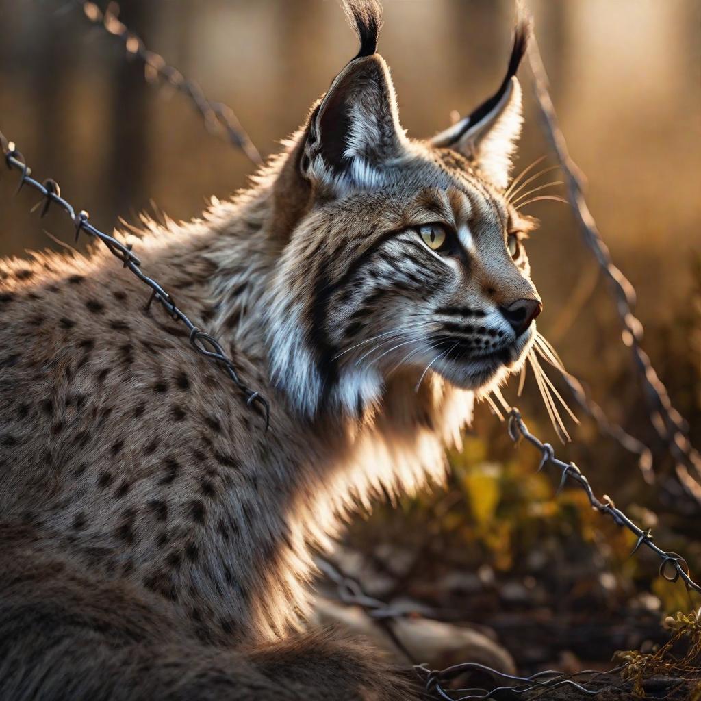  A zombie lynx in barbed wire , its coat is mangy , and there are spikes on its back hyperrealistic, full body, detailed clothing, highly detailed, cinematic lighting, stunningly beautiful, intricate, sharp focus, f/1. 8, 85mm, (centered image composition), (professionally color graded), ((bright soft diffused light)), volumetric fog, trending on instagram, trending on tumblr, HDR 4K, 8K