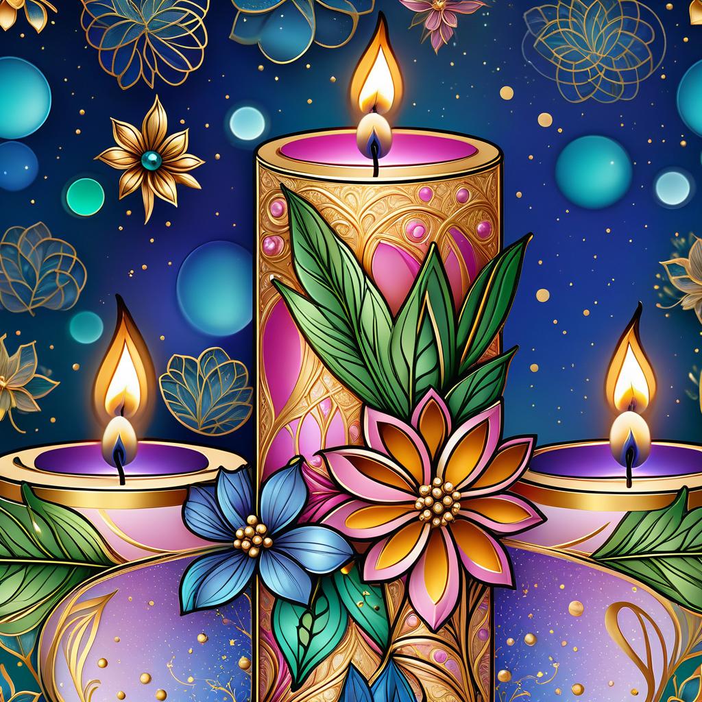  Luxury product style (Background):Dark blue night sky. In the sky turquoise golden stars and emerald fireworks. There are three candles on the background of the night sky. In the centre one is tall, on the sides wide and lower. (First candle decor)::pink framed with gold patterns and swirls of drops. In the middle of the candle is a flower bud and stem with emerald coloured leaves. Under the flower the candle is tied with a ribbon of blue blue colour. (Second and third candle decor):purple colour, framed with golden drops. In the middle is a purple coloured flower bud and stems with emerald coloured leaves. Zentangle have the signature uneven edge and rounded corners. The original tiles are in the form of geometric shapes: square, triangle, hyperrealistic, full body, detailed clothing, highly detailed, cinematic lighting, stunningly beautiful, intricate, sharp focus, f/1. 8, 85mm, (centered image composition), (professionally color graded), ((bright soft diffused light)), volumetric fog, trending on instagram, trending on tumblr, HDR 4K, 8K