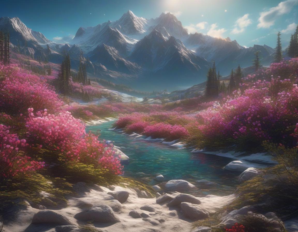  space themed A wide gravel mountain road going far beyond the horizon. To the left is a wide mountain lake, to the right a thick forest. In the background are high mountains with sharp snow covered peaks. Along the shores of the lake and in the forest grow lush mountain flowers. In the sky, a bright sun shines, illuminating the snowy peaks and reflecting in the water. . cosmic, celestial, stars, galaxies, nebulas, planets, science fiction, highly detailed hyperrealistic, full body, detailed clothing, highly detailed, cinematic lighting, stunningly beautiful, intricate, sharp focus, f/1. 8, 85mm, (centered image composition), (professionally color graded), ((bright soft diffused light)), volumetric fog, trending on instagram, trending on tumblr, HDR 4K, 8K