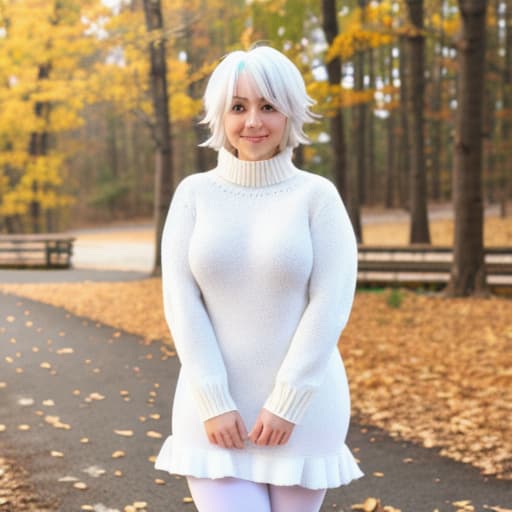  white hair, snow, knit sweater dress, one white leggings, short frilly hair, innocent, beautiful, cute, young,, curvy,,