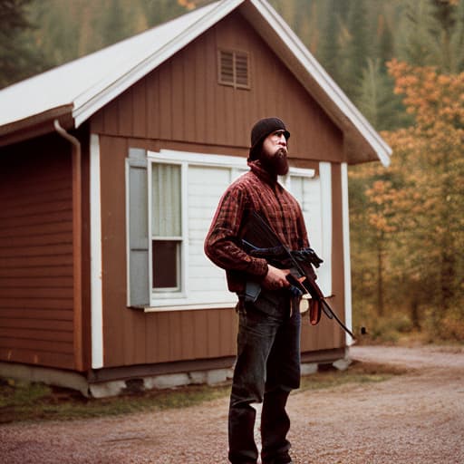 analog style A man in plain clothes holding a rifle, covered in blood, standing in front of a wooden house.