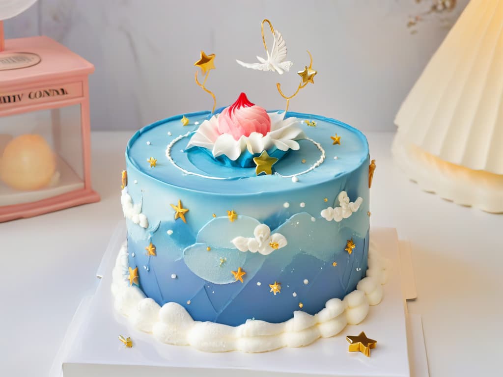  An ultradetailed, photorealistic image of a whimsical, multilayered cake resembling the iconic flying cake from the movie "Mary Poppins." The cake is intricately decorated with colorful fondant icing, delicate sugar flowers, and golden edible stars. It sits on a vintage cake stand, surrounded by swirling clouds made of cotton candy, with miniature kite decorations floating around it. The lighting is soft and ethereal, highlighting every intricate detail of the magical dessert. hyperrealistic, full body, detailed clothing, highly detailed, cinematic lighting, stunningly beautiful, intricate, sharp focus, f/1. 8, 85mm, (centered image composition), (professionally color graded), ((bright soft diffused light)), volumetric fog, trending on instagram, trending on tumblr, HDR 4K, 8K