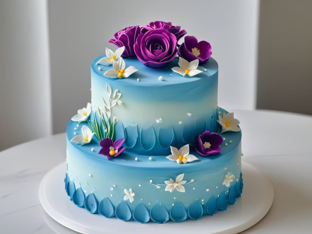  An ultradetailed image of a beautifully decorated threetiered cake with intricate fondant designs, delicate sugar flowers, and elegant piping details. The cake is displayed on a sleek, modern cake stand against a soft, blurred background, emphasizing the craftsmanship and artistry of professional pastry chefs. hyperrealistic, full body, detailed clothing, highly detailed, cinematic lighting, stunningly beautiful, intricate, sharp focus, f/1. 8, 85mm, (centered image composition), (professionally color graded), ((bright soft diffused light)), volumetric fog, trending on instagram, trending on tumblr, HDR 4K, 8K