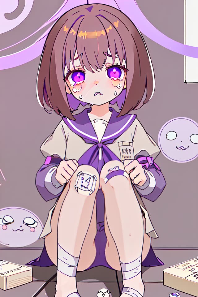  Brown hair,bob hair,purple eyes,young ,tearful eyes,bandage,purple ribbon,injured,infirmary,cute,weak,cry,purple sailor suit,knee,knee bandage、(absurd detailed:1.4、best quality:1.4、masterpiece:1.4)、