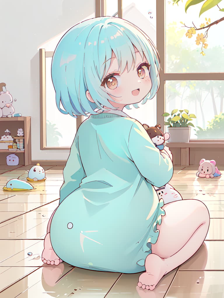  (((Wariza: 1.5, Sitting Down Floor, Looking Back, Infant Body Shape))), Chibi Character, Mini Chara, ((Made)), Open Mouth Smile, 💩, 💩, 💩, 💩, 💩, masterpiece, best quality,8k,ultra detailed,high resolution,an extremely delicate and beautiful,hyper detail