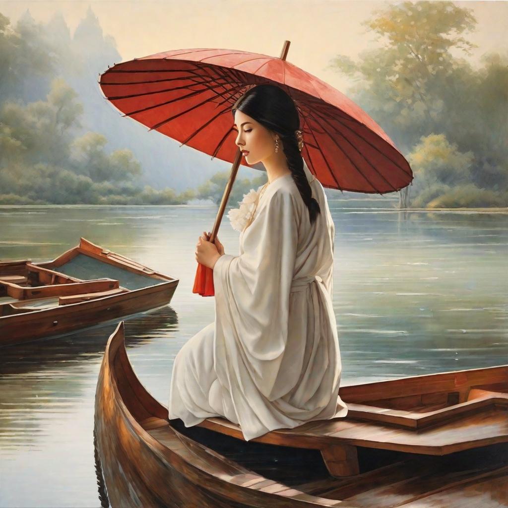  masterpiece, best quality,A beautiful woman standing on a small boat on the lake，rich colors，Zen style