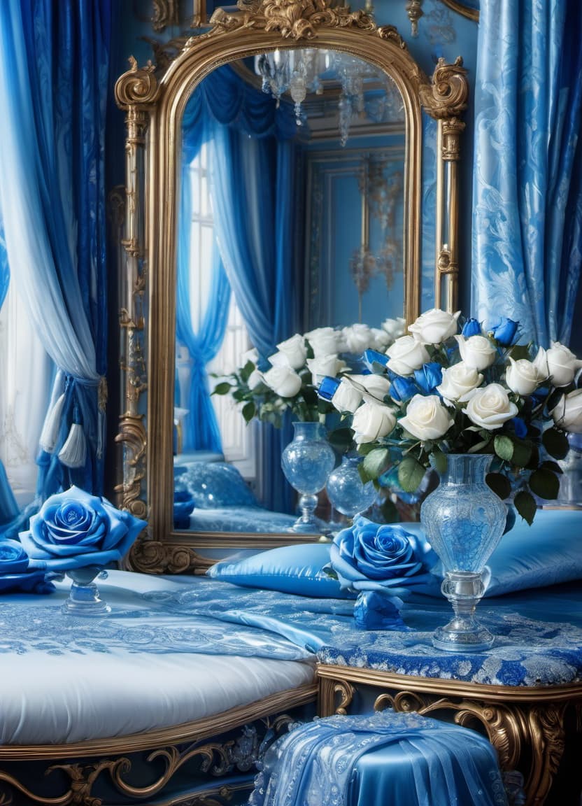  Oil painting. Surreal digital image. Distant background. Interior panorama. A four poster bed made of transparent blue fabric. Background:: surreal abstract with elements of princess bedroom interior. Intricate floral decor:: blue and white roses in vase and on textile, sequins, floral patterns, ornaments. Open window, painting, dressing table with mirror. Hyper detailing, intricacy. Fantasy, creativity. Harmony of blue and white shades. Exquisite rocaille and fantasy surrealism. Decorative excesses. Josephine Wall. Fragonard and Antoine Watteau. Sabbas Aptheros, Alfonso Mucha, Andrew Jones. High detail. High contrast. High quality. HDR. hyperrealistic, full body, detailed clothing, highly detailed, cinematic lighting, stunningly beautiful, intricate, sharp focus, f/1. 8, 85mm, (centered image composition), (professionally color graded), ((bright soft diffused light)), volumetric fog, trending on instagram, trending on tumblr, HDR 4K, 8K