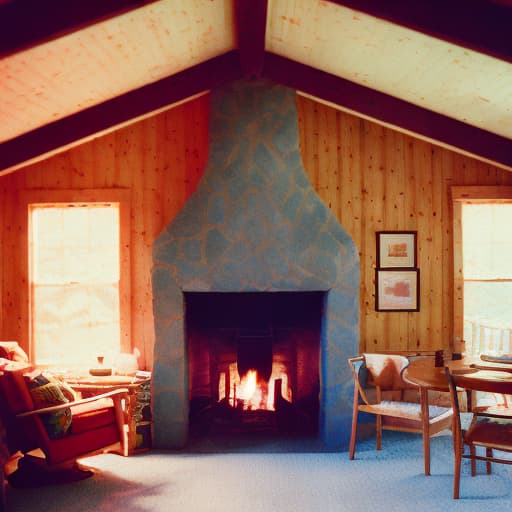 analog style "In the room of a cabin, a cozy fireplace."