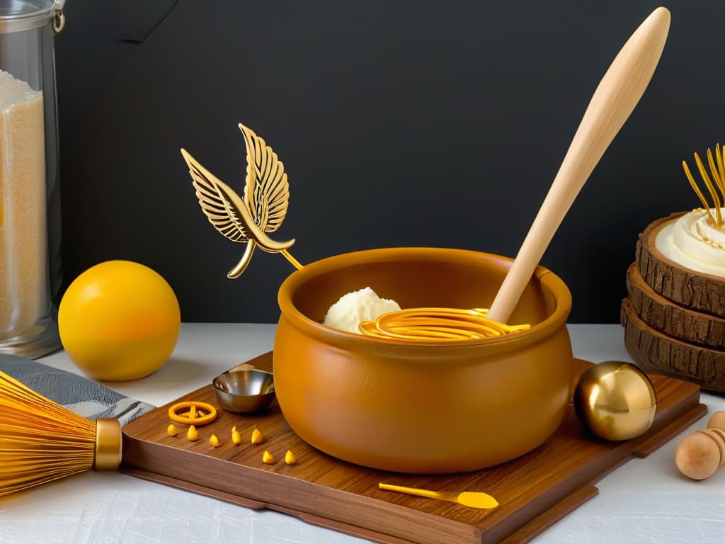  An 8k ultradetailed image of a sleek, minimalistic kitchen counter adorned with an array of enchanting Harry Potterthemed baking utensils. The image features a golden snitchshaped whisk, a wandinspired wooden spatula, a cauldronshaped mixing bowl, and a set of measuring spoons in the shape of magical creatures. The background is a soft, blurred out kitchen setting, emphasizing the magical utensils in sharp detail. hyperrealistic, full body, detailed clothing, highly detailed, cinematic lighting, stunningly beautiful, intricate, sharp focus, f/1. 8, 85mm, (centered image composition), (professionally color graded), ((bright soft diffused light)), volumetric fog, trending on instagram, trending on tumblr, HDR 4K, 8K