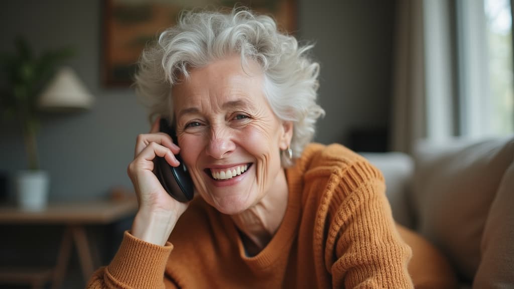  good quality, high quality, joyful senior woman enjoying phone call from the comfort of home