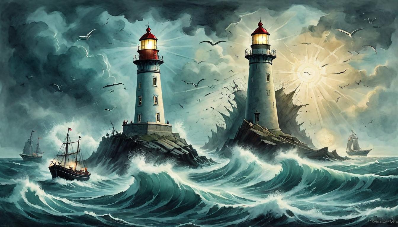  on parchment, surrealism+++, A lighthouse casting beams across a turbulent sea, guiding ships to harbor a metaphor for leadership amidst chaos. Lighthouse steadfast, sea tumultuous, beams guiding, calm amidst upheaval, beacon of hope(mysterious, provocative, symbolic,muted color)+++