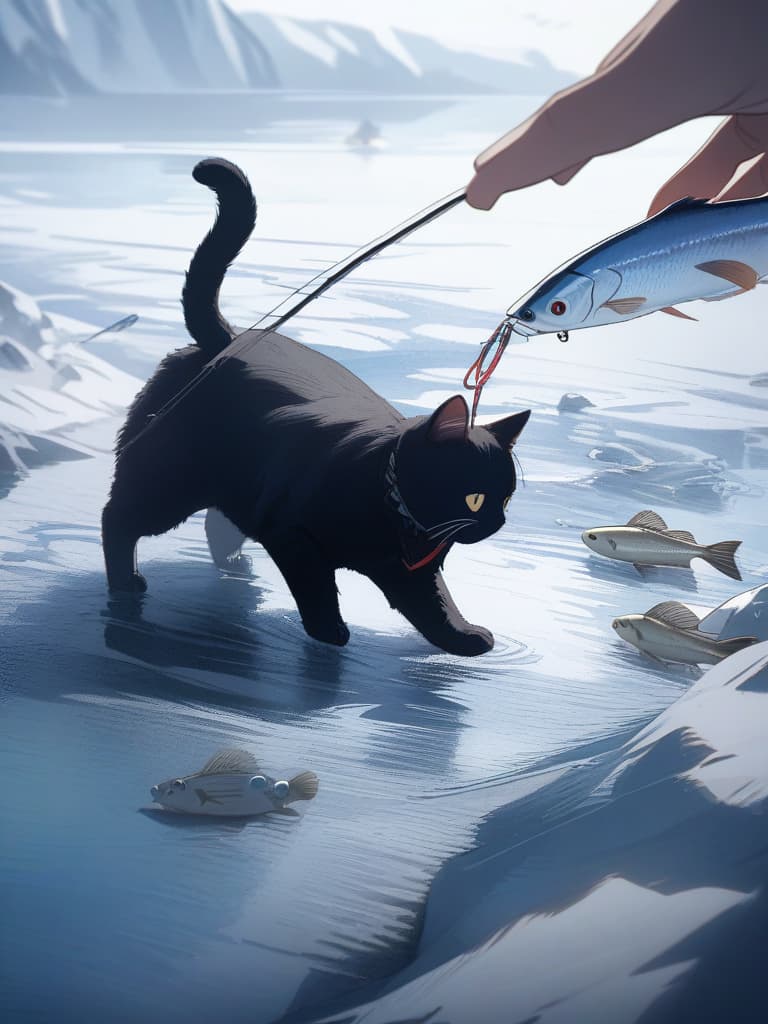  (small fish fishing:1.7、black cat that catches small fish、black cat fishing with a tail)、((icon、logotype design:1.4、symbol design))、black cat & small fish、(((on the frozen lake)))、best quality:1.4、masterpiece:1.4、ultra detailed texture、RAW photorealistic、absurd resolution、8K illustration、no background、💩、💩、💩、💩、💩、, masterpiece, best quality,8k,ultra detailed,high resolution,an extremely delicate and beautiful,hyper detail