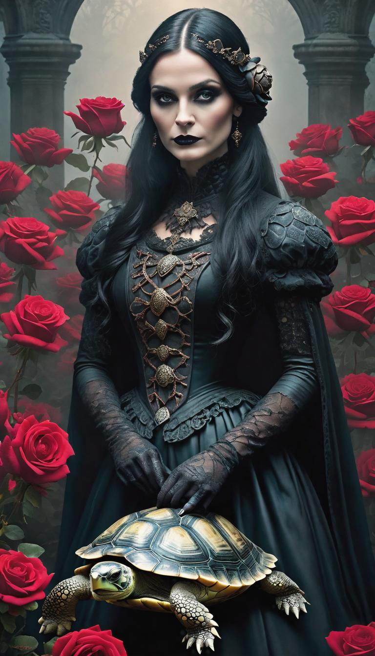  gothic style depiction of Turtle and roses . dark, mysterious, haunting, dramatic, ornate, detailed, hyperrealistic, full body, detailed clothing, highly detailed, cinematic lighting, stunningly beautiful, intricate, sharp focus, f/1. 8, 85mm, (centered image composition), (professionally color graded), ((bright soft diffused light)), volumetric fog, trending on instagram, trending on tumblr, HDR 4K, 8K