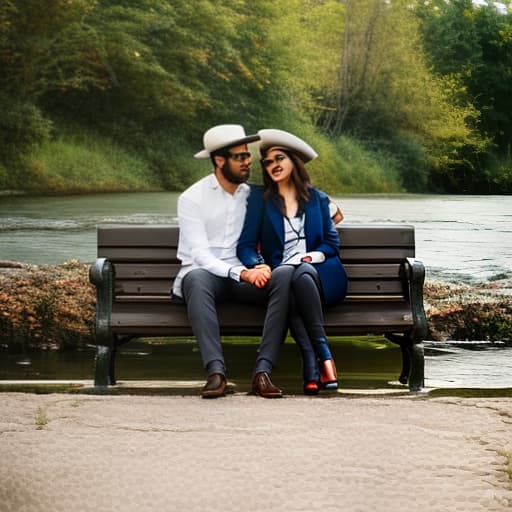 redshift style a beautiful girl with a hat and a handsome boy sitting in a bench in the river bank hyperrealistic, full body, detailed clothing, highly detailed, cinematic lighting, stunningly beautiful, intricate, sharp focus, f/1. 8, 85mm, (centered image composition), (professionally color graded), ((bright soft diffused light)), volumetric fog, trending on instagram, trending on tumblr, HDR 4K, 8K