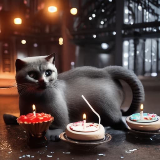  black kitty, white kitty, red kitty, and grey kitty with a birthday cake hyperrealistic, full body, detailed clothing, highly detailed, cinematic lighting, stunningly beautiful, intricate, sharp focus, f/1. 8, 85mm, (centered image composition), (professionally color graded), ((bright soft diffused light)), volumetric fog, trending on instagram, trending on tumblr, HDR 4K, 8K