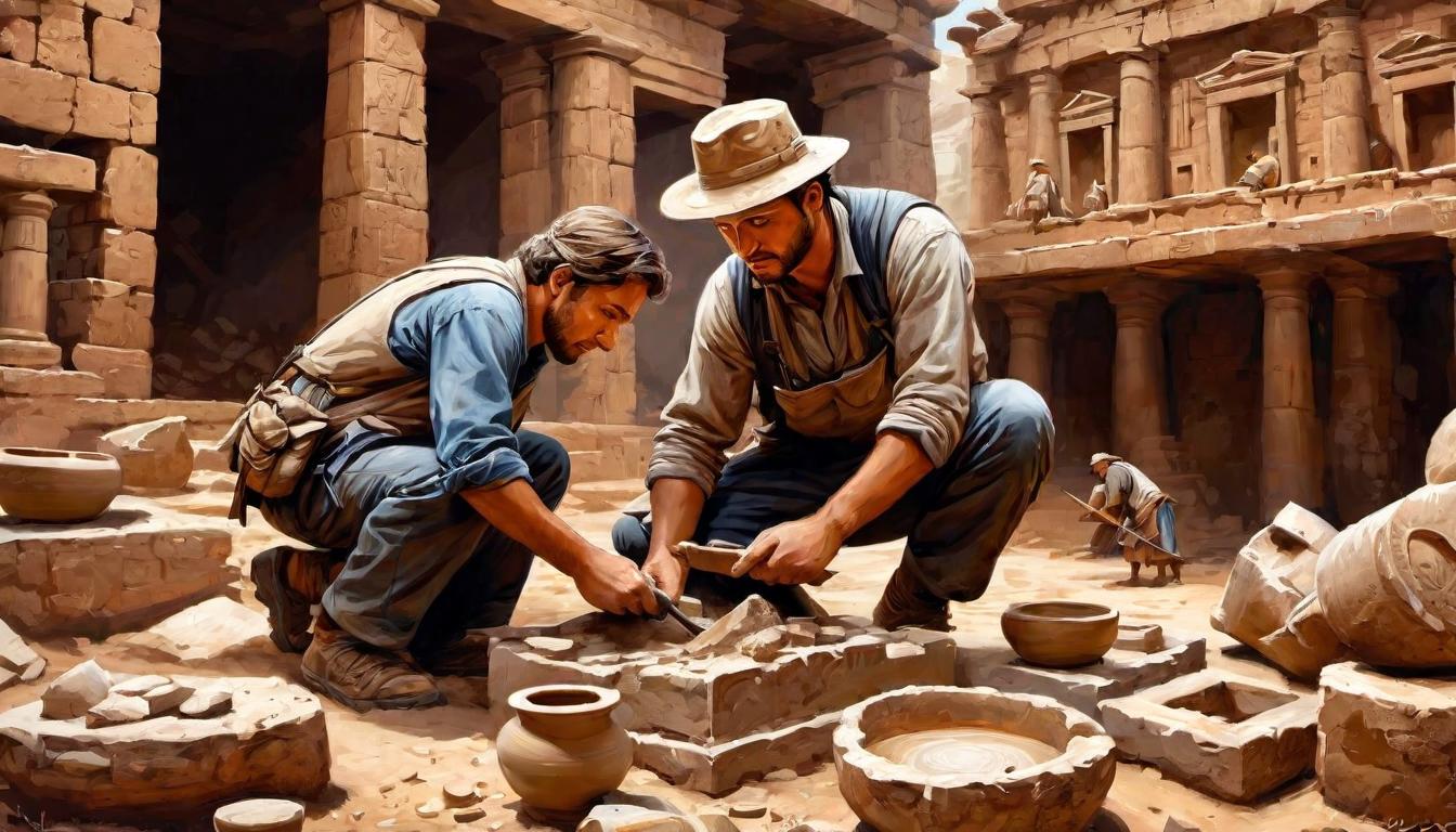  digital painting of A determined archaeologist digging through ancient ruins, shards of pottery, relentless search, perseverance looking at viewer, dynamic pose, (intricate details, masterpiece, best quality)