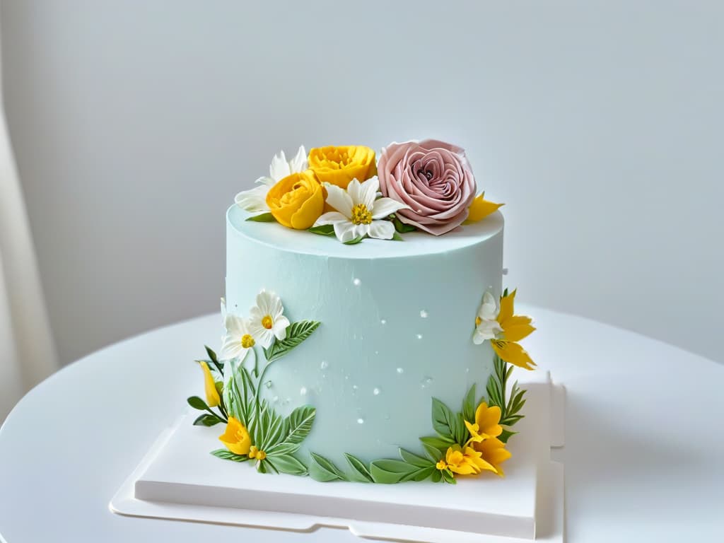  A closeup, ultradetailed image of a perfectly frosted and decorated multilayered cake, showcasing intricate piping work with delicate flowers and leaves in soft pastel colors. The cake sits on a sleek, modern white cake stand against a clean, minimalist backdrop, emphasizing the artistry and craftsmanship of the confection. hyperrealistic, full body, detailed clothing, highly detailed, cinematic lighting, stunningly beautiful, intricate, sharp focus, f/1. 8, 85mm, (centered image composition), (professionally color graded), ((bright soft diffused light)), volumetric fog, trending on instagram, trending on tumblr, HDR 4K, 8K