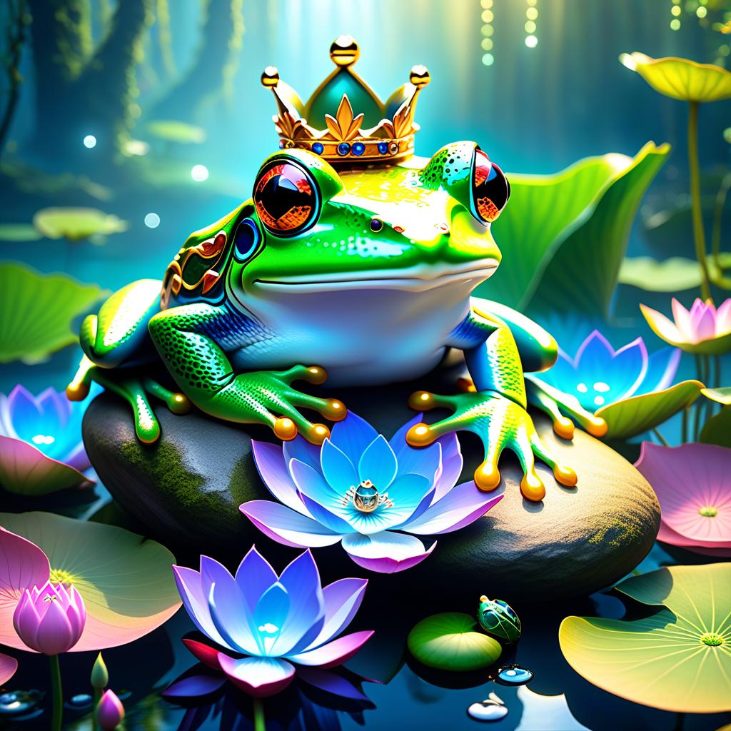  ethereal fantasy concept art of (Background): a lake with blooming lotuses of different shades: from white pink to bright crimson and leaves of tender green colour. The sky above the lake of dark blue colour with golden stars scattered on it. (Fantasy Princess Frog): in the centre of the lake on the biggest lotus flower sits a charming frog in a golden crown decorated with blue and blue precious stones. In his paws he holds a ring decorated with blue stones. Style: fantasy, Russian fairy tales, illustrations. . magnificent, celestial, ethereal, painterly, epic, majestic, magical, fantasy art, cover art, dreamy hyperrealistic, full body, detailed clothing, highly detailed, cinematic lighting, stunningly beautiful, intricate, sharp focus, f/1. 8, 85mm, (centered image composition), (professionally color graded), ((bright soft diffused light)), volumetric fog, trending on instagram, trending on tumblr, HDR 4K, 8K