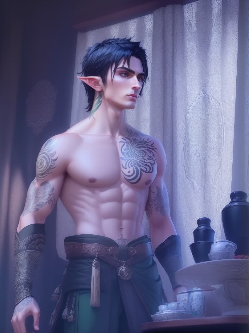  male, half-elf, short black hair, green eyes, tattoos, thin toned body, hyperrealistic, high quality, highly detailed, perfect lighting, intricate, sharp focus, f/1. 8, 85mm, (centered image composition), (professionally color graded), ((bright soft diffused light)), trending on instagram, HDR 4K, 8K