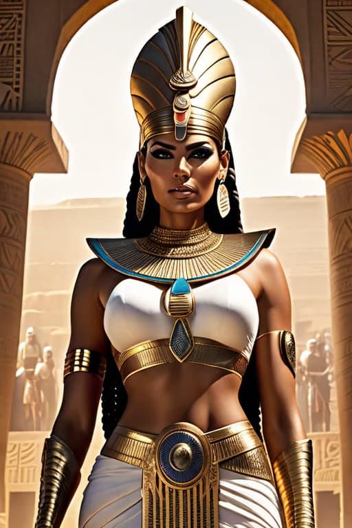  egyptian Women, Queen super hero stood high, behind her, looking straight , black eyes, crown , majestuous , braids hair hyperrealistic, full body, detailed clothing, highly detailed, cinematic lighting, stunningly beautiful, intricate, sharp focus, f/1. 8, 85mm, (centered image composition), (professionally color graded), ((bright soft diffused light)), volumetric fog, trending on instagram, trending on tumblr, HDR 4K, 8K