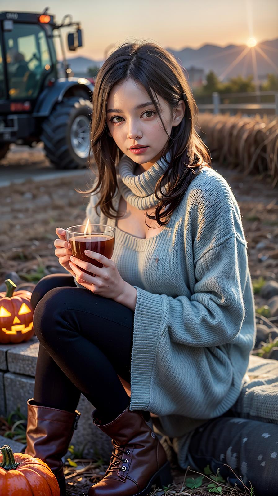  ultra high res, (photorealistic:1.4), raw photo, (realistic face), realistic eyes, (realistic skin), <lora:XXMix9_v20LoRa:0.8>, ((((masterpiece)))), best quality, very_high_resolution, ultra-detailed, in-frame, autumn, falling leaves, cozy sweaters, harvest, pumpkin spice, apple picking, crunchy leaves, bonfires, warm colors, harvest festivals, hayrides, sweater weather, crisp air, apple cider, Halloween, Thanksgiving, harvest moon, chestnuts, scarves, boots