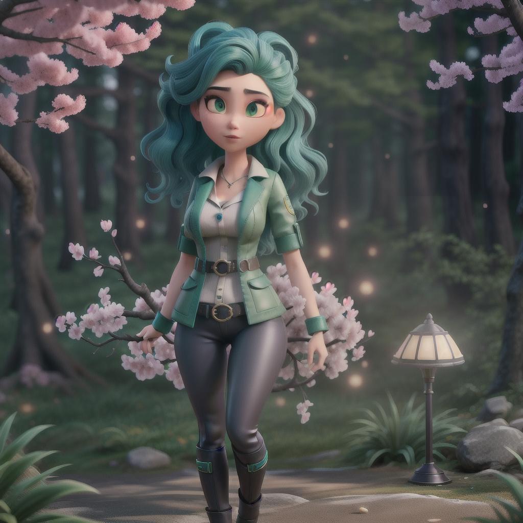  Asian, Sci fi, dark nautical, punk, a chic and quirky style, cherry blossoms, forbidden forest, green and blue colors, indie, 90s, douyin makeup, wavy hair and her hair looks like it’s being blown by the wind hyperrealistic, full body, detailed clothing, highly detailed, cinematic lighting, stunningly beautiful, intricate, sharp focus, f/1. 8, 85mm, (centered image composition), (professionally color graded), ((bright soft diffused light)), volumetric fog, trending on instagram, trending on tumblr, HDR 4K, 8K