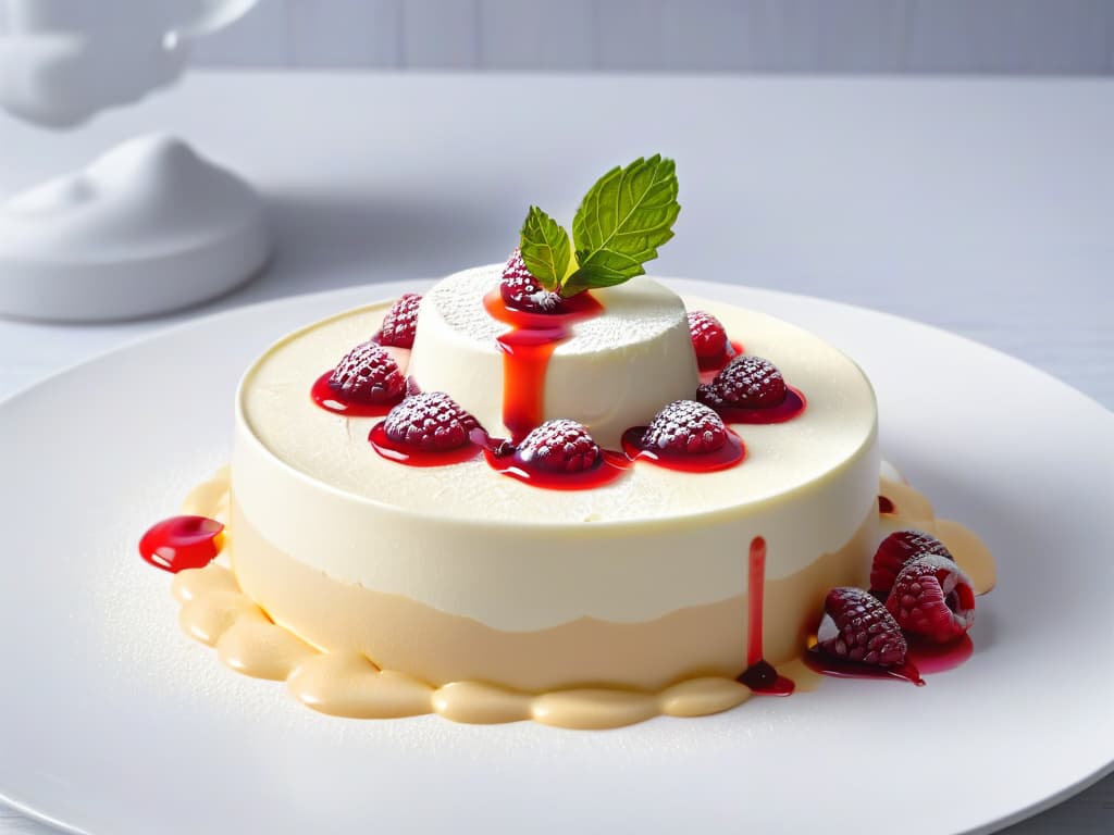  An ultradetailed closeup image of a perfectly set Panna Cotta with a vibrant raspberry coulis elegantly drizzled on top. The creamy dessert is showcased on a sleek, white plate, highlighting the smooth texture and glossy finish of the dessert. The rich red coulis forms intricate swirls and droplets, adding a pop of color and a touch of elegance to the minimalistic presentation. hyperrealistic, full body, detailed clothing, highly detailed, cinematic lighting, stunningly beautiful, intricate, sharp focus, f/1. 8, 85mm, (centered image composition), (professionally color graded), ((bright soft diffused light)), volumetric fog, trending on instagram, trending on tumblr, HDR 4K, 8K