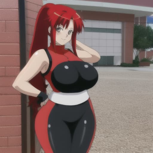   curvy anime , red hair, , over and showing off her 