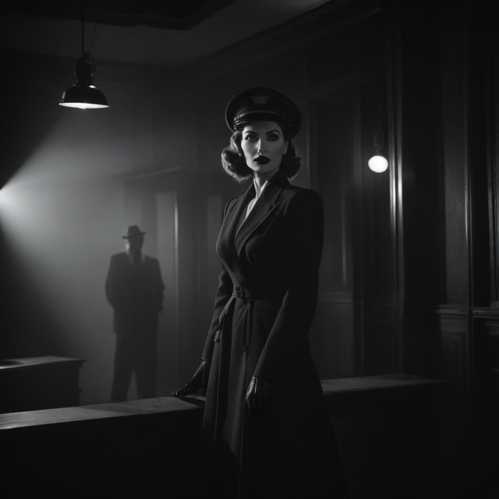  film noir style frame . monochrome, high contrast, dramatic shadows, 1940s style, mysterious, cinematic hyperrealistic, full body, detailed clothing, highly detailed, cinematic lighting, stunningly beautiful, intricate, sharp focus, f/1. 8, 85mm, (centered image composition), (professionally color graded), ((bright soft diffused light)), volumetric fog, trending on instagram, trending on tumblr, HDR 4K, 8K