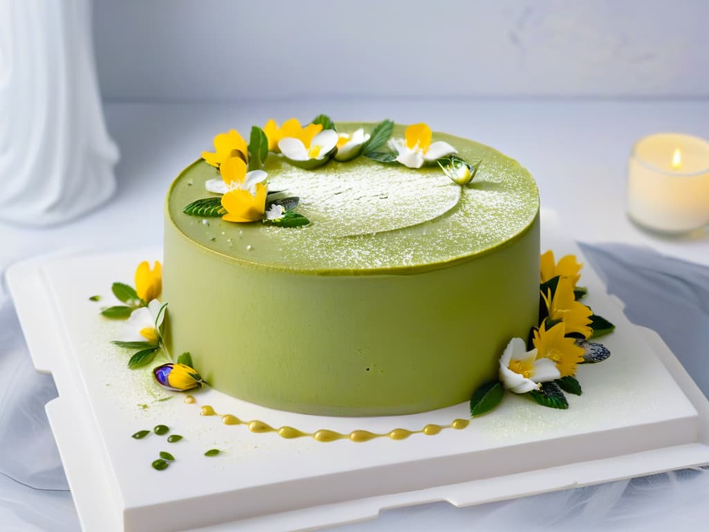  A closeup, ultradetailed image of a beautifully crafted matcha green tea cheesecake with a smooth, vibrant green top layer, sprinkled with finely ground matcha powder and garnished with delicate edible flowers and gold leaf accents. The cheesecake sits on a sleek, white marble plate, set against a soft, blurred background to emphasize its elegant and appetizing presentation. hyperrealistic, full body, detailed clothing, highly detailed, cinematic lighting, stunningly beautiful, intricate, sharp focus, f/1. 8, 85mm, (centered image composition), (professionally color graded), ((bright soft diffused light)), volumetric fog, trending on instagram, trending on tumblr, HDR 4K, 8K