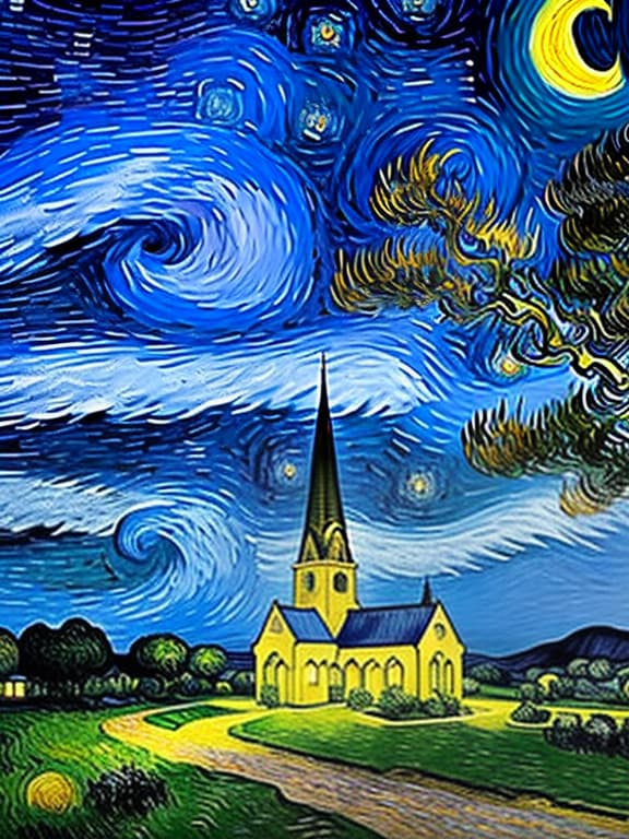 dvarchmodern Oil on canvas painting of a blue night sky with roiling energy. A fuzzy and bright yellow crescent moon shining at the top. Below the exploding yellow stars and radiating swirls of blue, a distant village sits quietly on the right. Connecting earth and sky is a flame like cypress tree with curling and swaying branches on the left. A church spire rises as a beacon over rolling blue hills, style of vincent van gogh's starry night hyperrealistic, full body, detailed clothing, highly detailed, cinematic lighting, stunningly beautiful, intricate, sharp focus, f/1. 8, 85mm, (centered image composition), (professionally color graded), ((bright soft diffused light)), volumetric fog, trending on instagram, trending on tumblr, HDR 4K, 8K