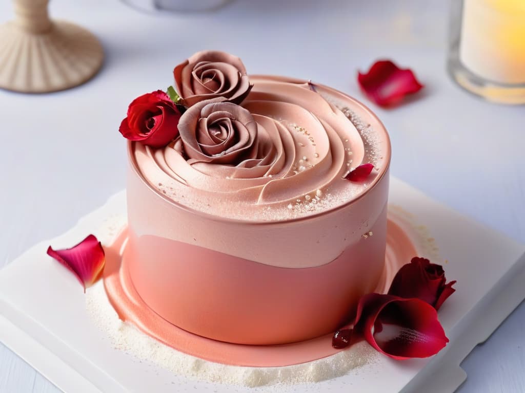  A closeup, ultradetailed image of a luxurious ruby chocolate mousse elegantly swirled in a crystalclear glass dessert cup, garnished with delicate rose petals and shimmering gold flakes. The rich, pinkhued mousse is perfectly offset by the sleek, transparent vessel, creating a visually stunning and minimalist composition that exudes sophistication and indulgence. hyperrealistic, full body, detailed clothing, highly detailed, cinematic lighting, stunningly beautiful, intricate, sharp focus, f/1. 8, 85mm, (centered image composition), (professionally color graded), ((bright soft diffused light)), volumetric fog, trending on instagram, trending on tumblr, HDR 4K, 8K