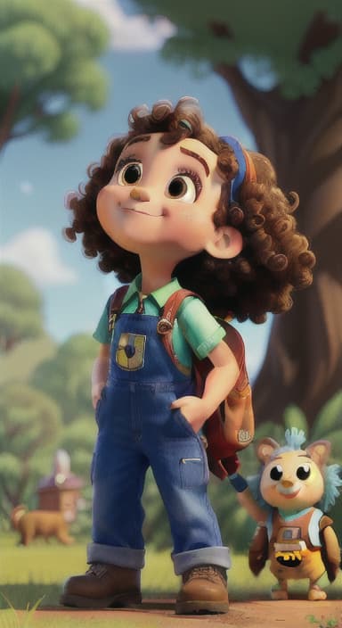  {Riley looking up at the tree with a big smile, animals surrounding them., Riley, a curious with big brown eyes and curly hair, wearing overalls and carrying a small backpack. Their friend, Skye, a bluebird with shiny feathers.