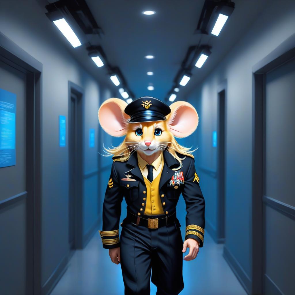  Realistically, a handsome man with blonde hair he has mouse ears, long locks, yellow eyes, and wears black military trousers as he walks down a corridor illuminated with blue spotlights. Clear focus, brightly outlined eyes, well drawn details, bright, living eyes, a beautiful portrait illustration, a portrait in the fantasy style, blue and white flashes, bright colors, bright eyes, fantastic art, elaborate design, ultra detailed, clear focus, 8k, high resolution, elegant. hyperrealistic, full body, detailed clothing, highly detailed, cinematic lighting, stunningly beautiful, intricate, sharp focus, f/1. 8, 85mm, (centered image composition), (professionally color graded), ((bright soft diffused light)), volumetric fog, trending on instagram, trending on tumblr, HDR 4K, 8K